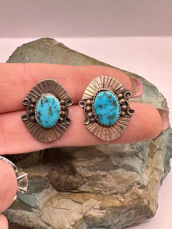 Sterling Silver and Turquoise Cabochon Stud Earri… - image 4