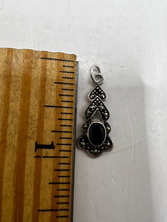 Sterling Silver Marcasite and Black Spinel Pendan… - image 5
