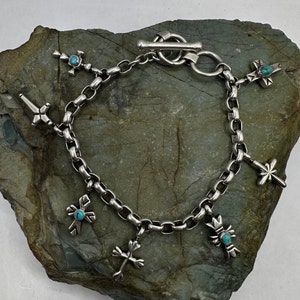 Sterling Silver 5mm Cable Chain Charm Bracelet with Sterling Silver and Turquoise Charms Toggle Clasp 7-8&quot; Adjustable (4466)