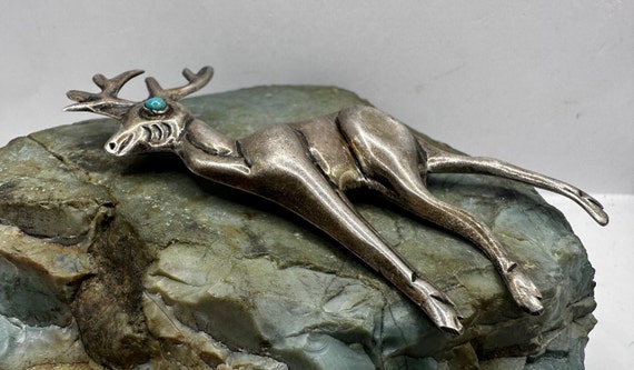 Vintage Sterling Silver and Turquoise Deer Pin 3.… - image 2