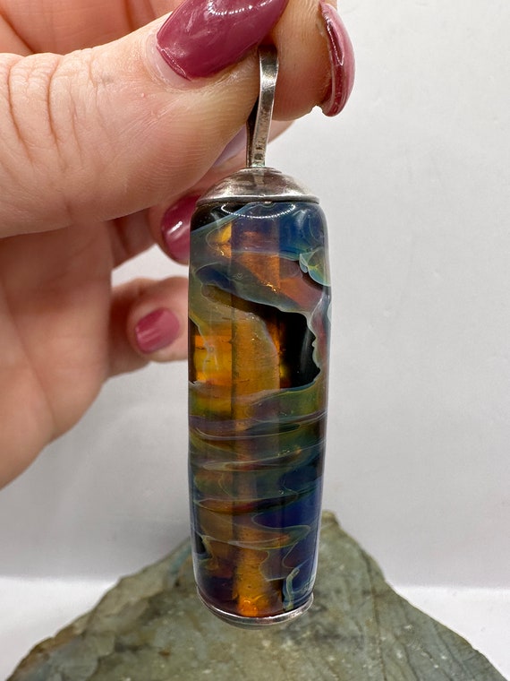 Sterling Silver and Art Glass Cylinder Pendant 2.… - image 4