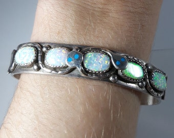 70s Vintage ZUNI Bangle silver925 ズニ族 Effie C Snake Zuni Bangle Cuff Rainbow Opal Turquoise Solid