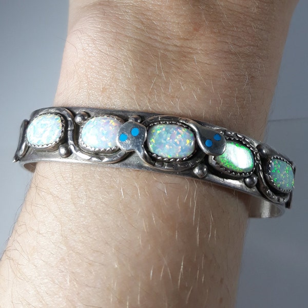 Effie C Snake Zuni Bangle Cuff Rainbow Opal Turquoise Solid Sterling Silver Signed Bracelet 31.2g 2 Snakes Native American (1880)