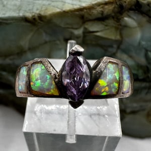 Sterling Silver Amethyst and Lab Opal Ring sz 5 (4575)