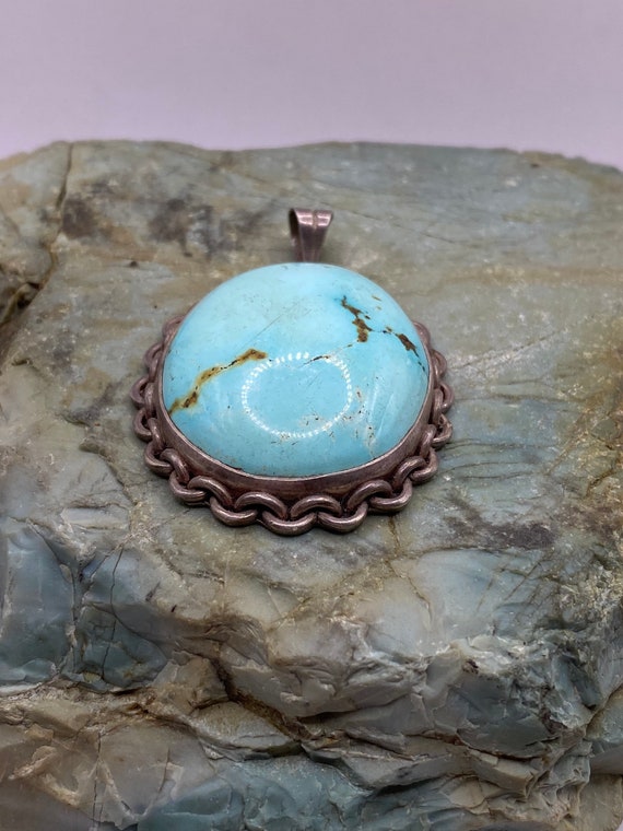 Sterling Silver and Turquoise Cabochon Pendant wi… - image 3