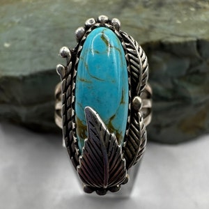Sterling Silver and Turquoise Ring Feather Motif Size 7 (5198)