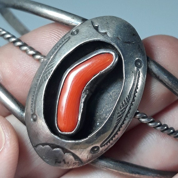 Vintage Sterling Coral 1950's Cuff Bracelet Nativ… - image 3