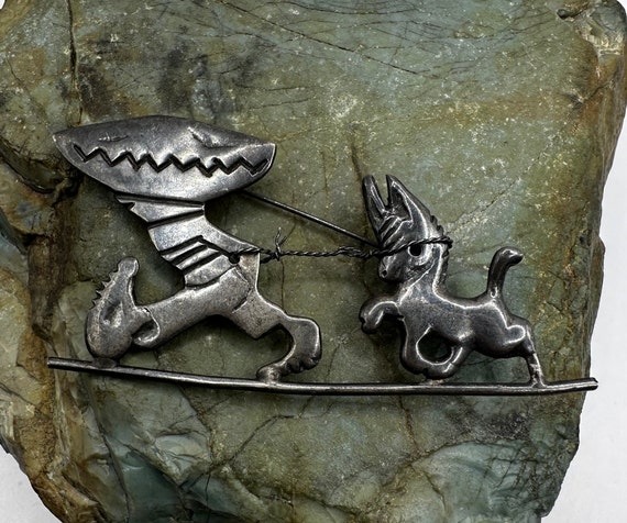 Sterling Silver Boy and Donkey Pin Mexico 1.5" (4… - image 1