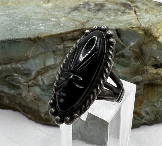 Sterling Silver and Onyx Carved Face Cabochon Spl… - image 2