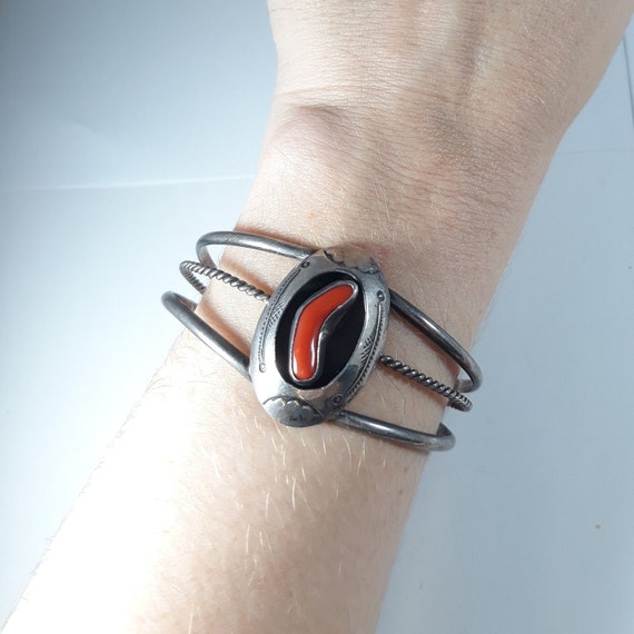 Vintage Sterling Coral 1950's Cuff Bracelet Nativ… - image 2