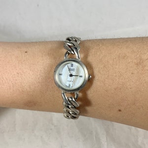 Vintage Women&#39;s Badavici Curb Link Sterling Silver Watch with Mother of Pearl Face Roman Numerals FOR REPAIR (1617)