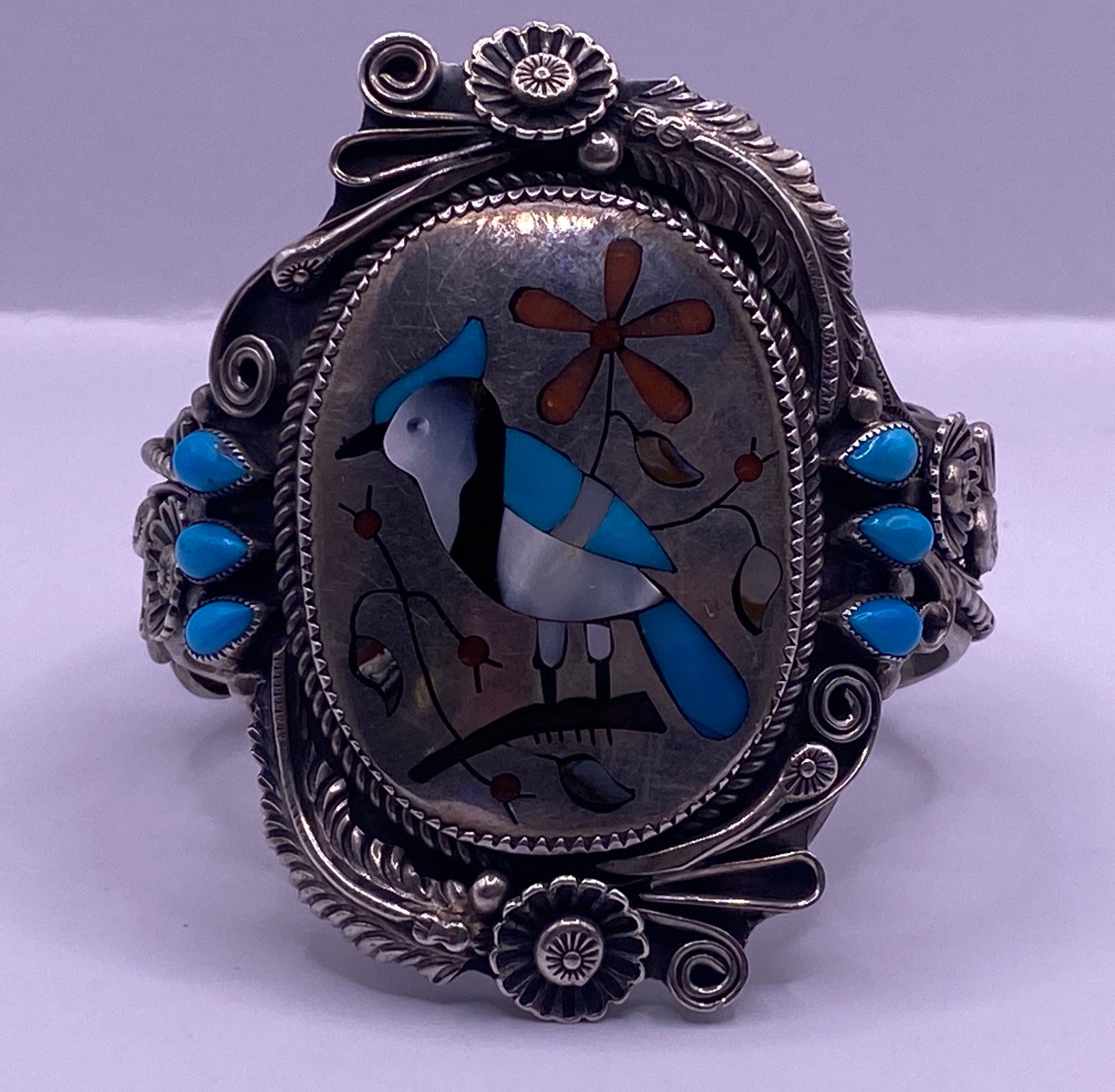 Heavy Native American Zuni Vintage Signed Turquoise Coral Bird Sterling Silver Bracelet Old Heavy Native American Zuni Vintage Signed Turquoise Coral Bird Sterling Silver Bracelet Old
