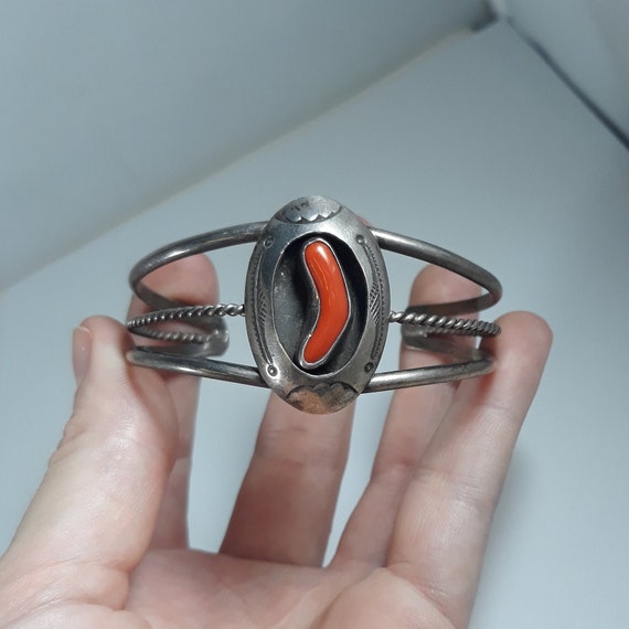 Vintage Sterling Coral 1950's Cuff Bracelet Nativ… - image 7