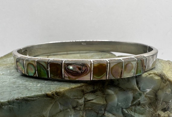 Sterling Silver and Inlay Abalone Hinged Bangle B… - image 1