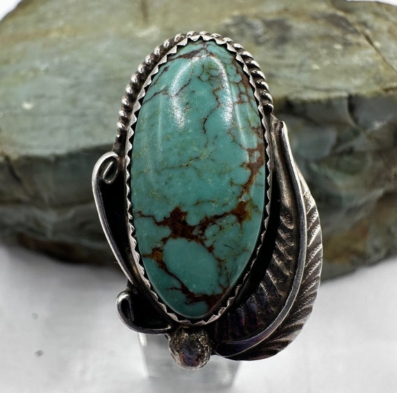 Sterling Silver and Turquoise Ring with Leaf Deta… - image 1