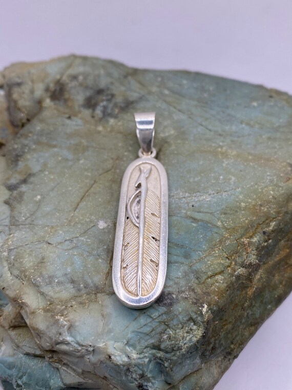 Sterling Silver Solid Carved Feather Pendant 2 1/… - image 4