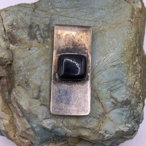 Vintage Sterling Onyx Money Clip Solid Silver Mexico Black Gemstone Bill Clip Wallet (2638)