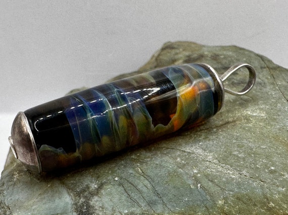 Sterling Silver and Art Glass Cylinder Pendant 2.… - image 3