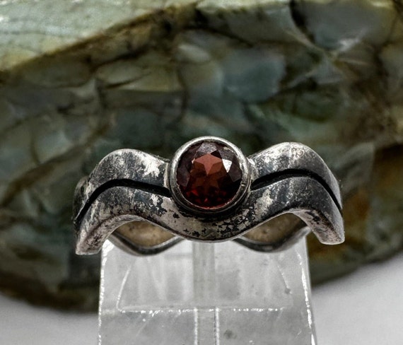 Sterling Silver and Garnet 7mm Wide Band Ring sz … - image 1