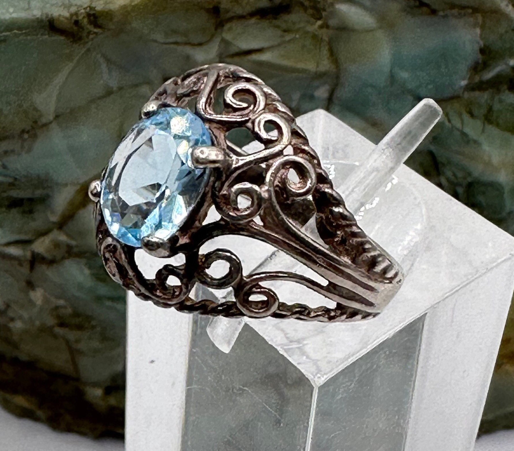 Sterling Silver and Faceted 6x8mm Blue Cubic Zirconia