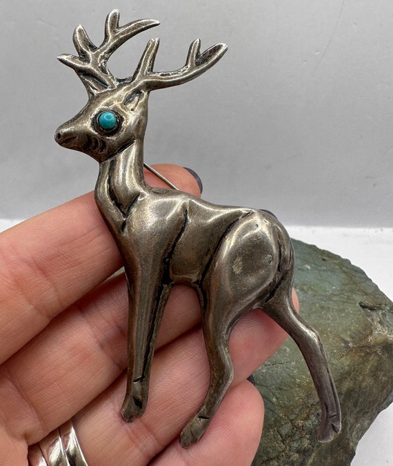 Vintage Sterling Silver and Turquoise Deer Pin 3.… - image 4