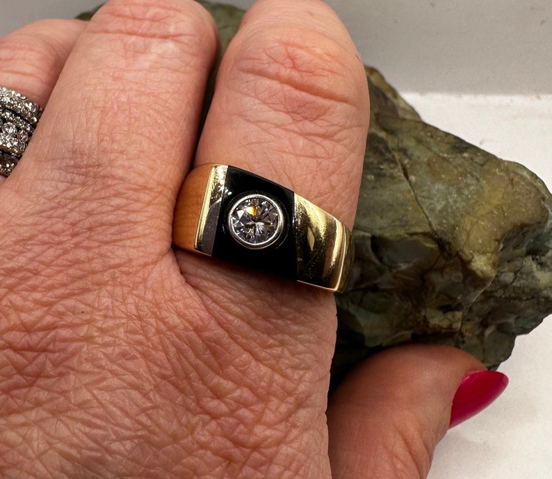 14k Yellow Gold Onyx and 3/4 Carat Diamond Inlay Ring Sz 11.25 (5471 ...