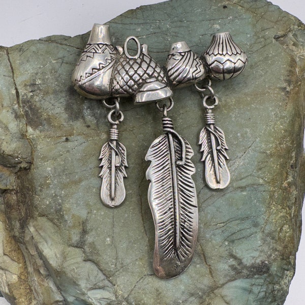 Sterling Silver Navajo Glen Sandoval GS Pottery Feather Brooch Pin 2.75” (2812)