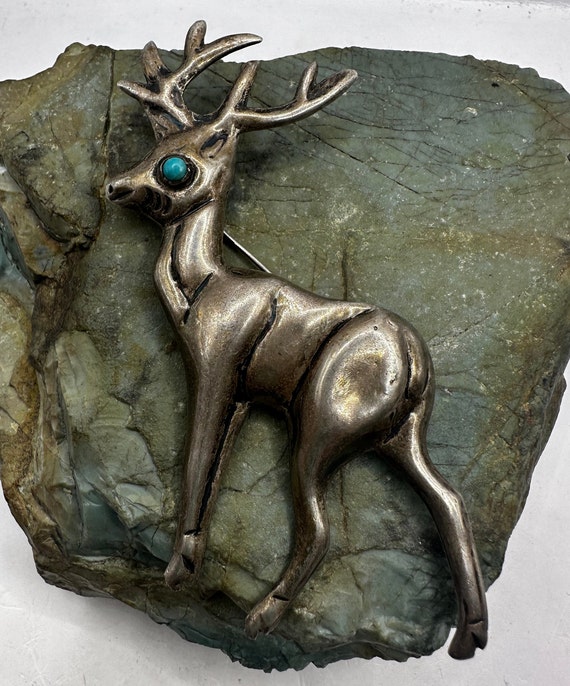 Vintage Sterling Silver and Turquoise Deer Pin 3.2