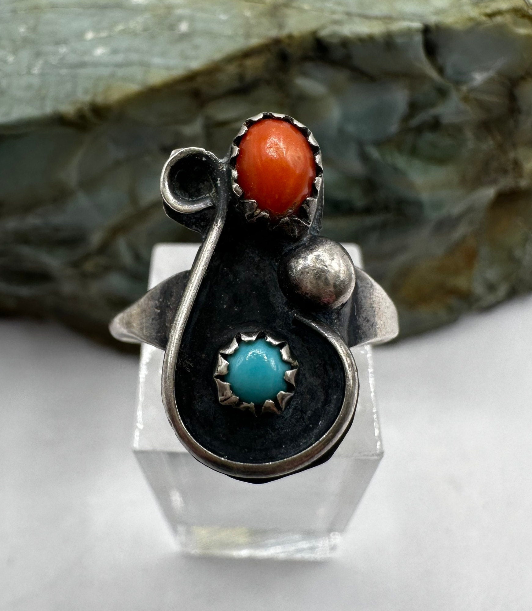 Bague Femme Réglable Rouge Corail Et Turquoise Sur Argent - Taille ~8.5, élégante, Neuf Avec étiquettes