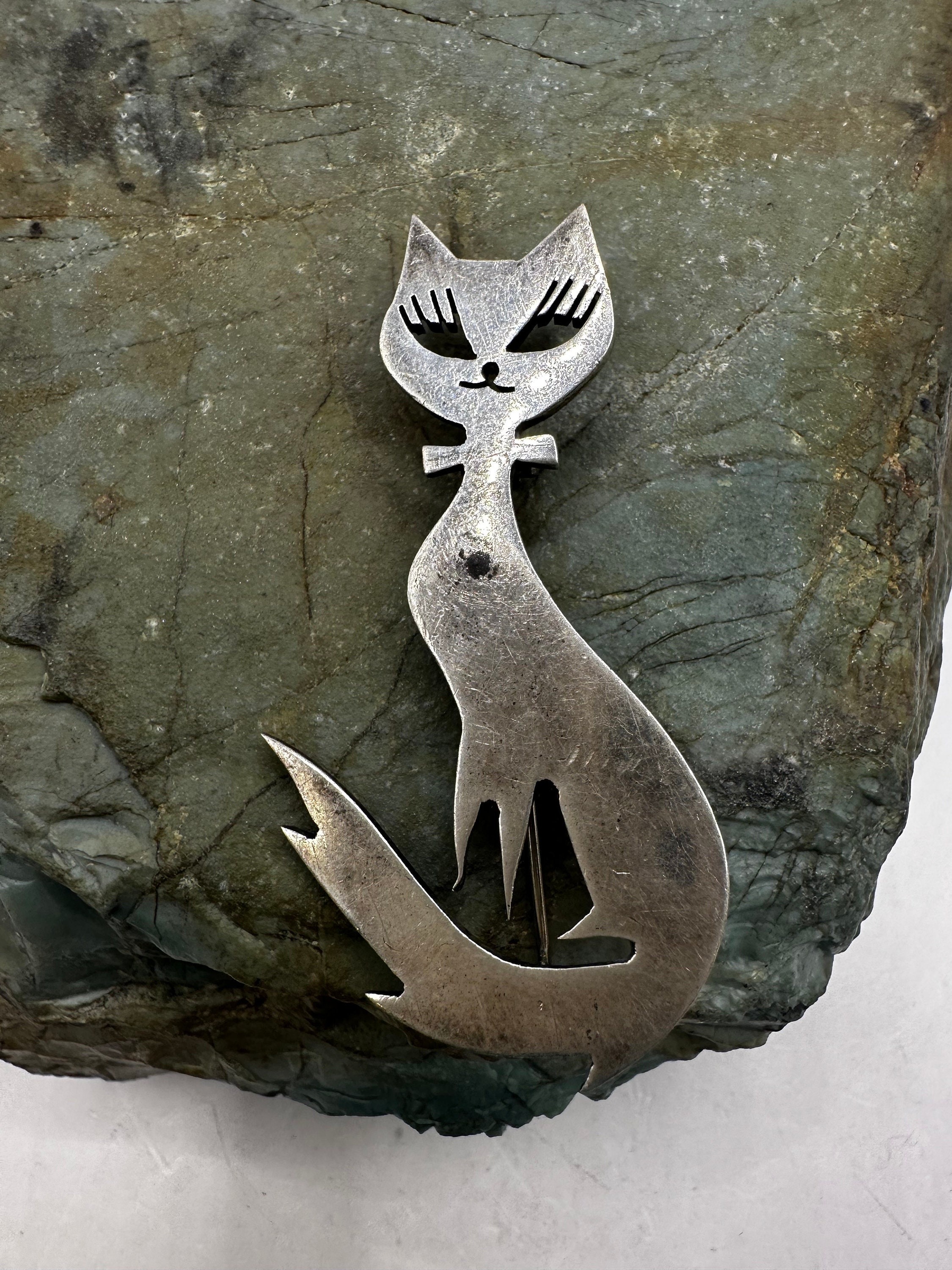 vintage MEXICO SILVER 白っぽ 猫 ペンダントトップ チョーカー