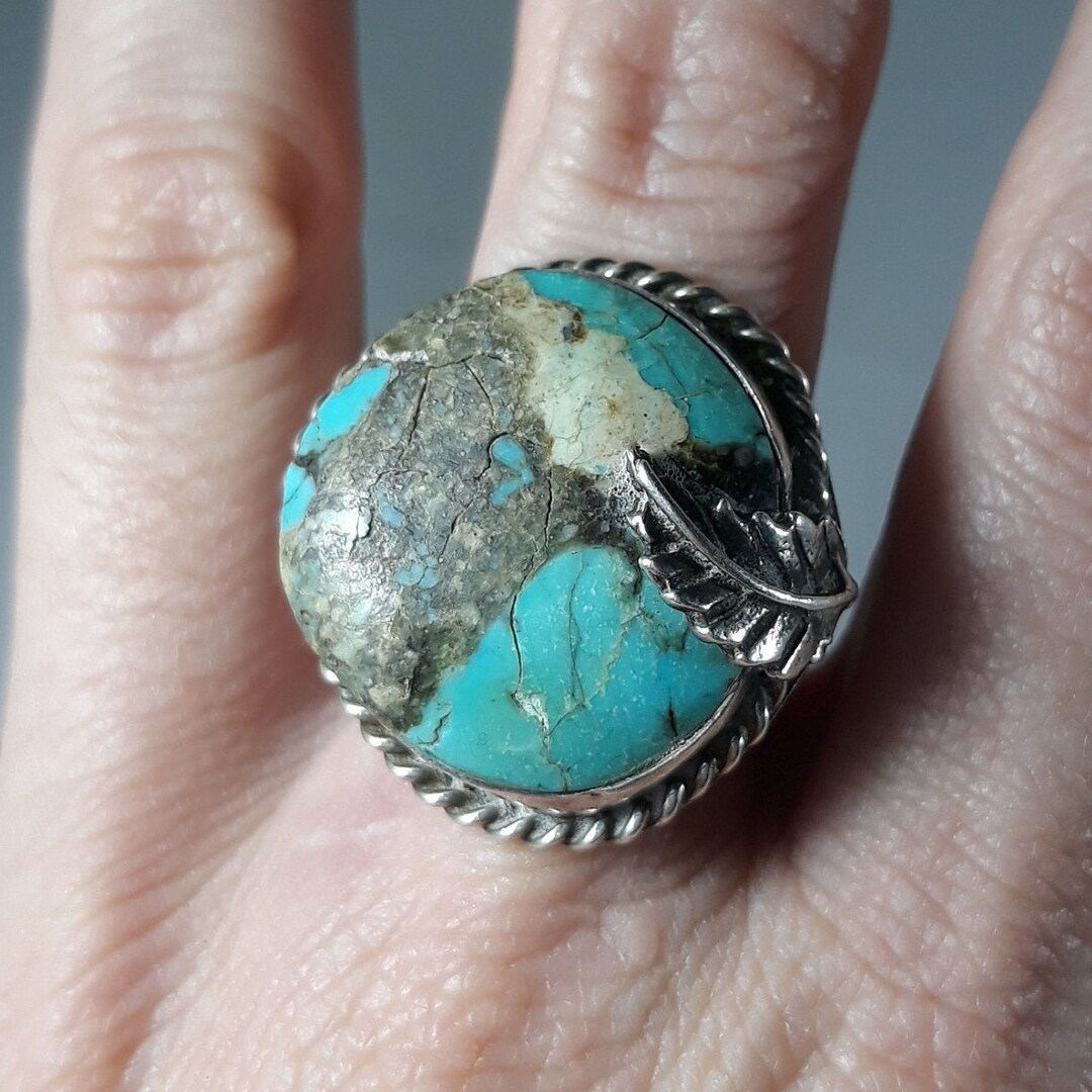 Vintage Large Turquoise Sterling Ring Size 7.25 Feather Motif - Etsy