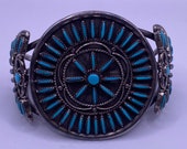 Vintage Sterling Silver Zuni Needlepoint Turquoise Cluster Cuff Bracelet Solid Silver Antique Handmade Old Pawn Native American