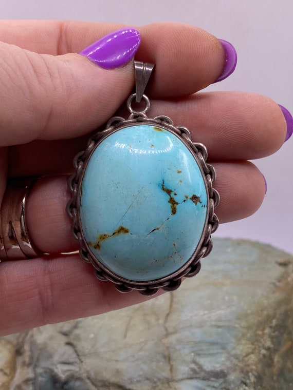 Sterling Silver and Turquoise Cabochon Pendant wi… - image 2