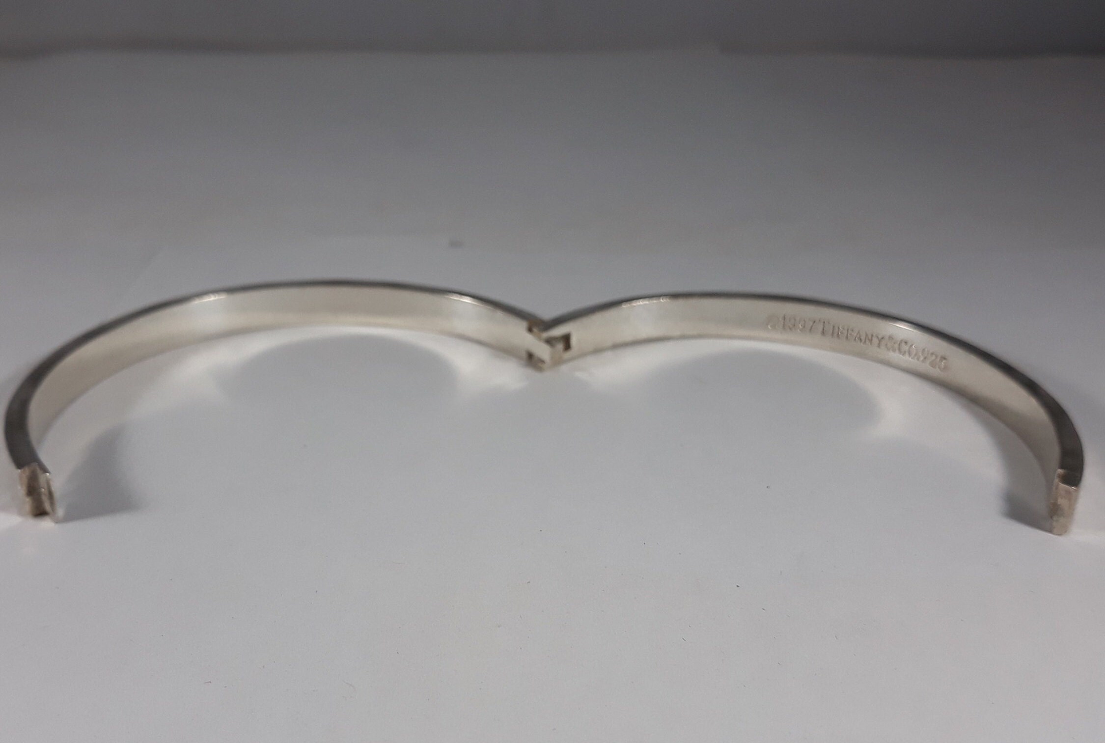 Tiffany & Co 1997 Script Hinged Sterling Bangle With Box and Pouch