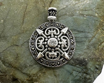 Sterling Silver Marcasite and Cubic Zirconia Medallion Pendant 1" (4797)