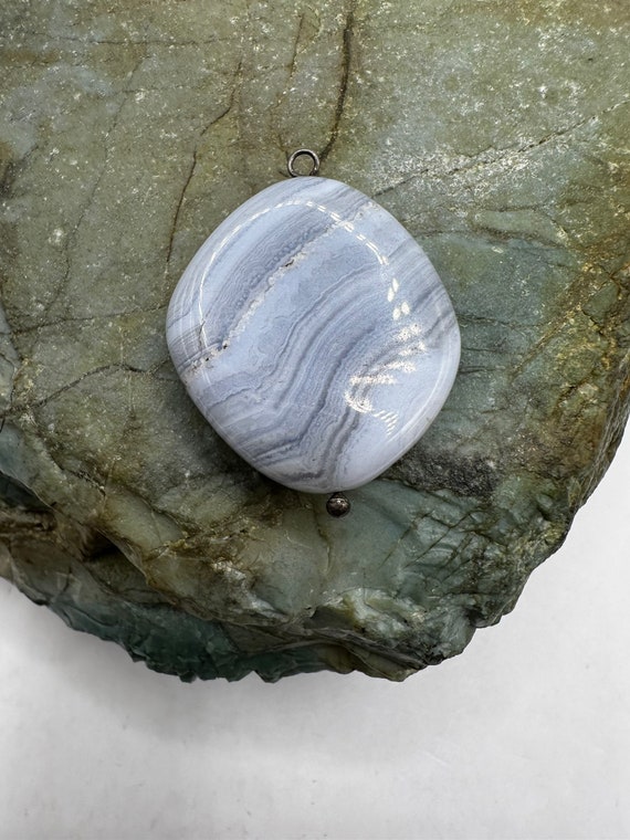 Sterling Silver and Blue Lace Agate Pendant 1.25"… - image 1