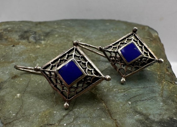 Sterling Silver and Lapis Cut Out Dangle Earrings… - image 1