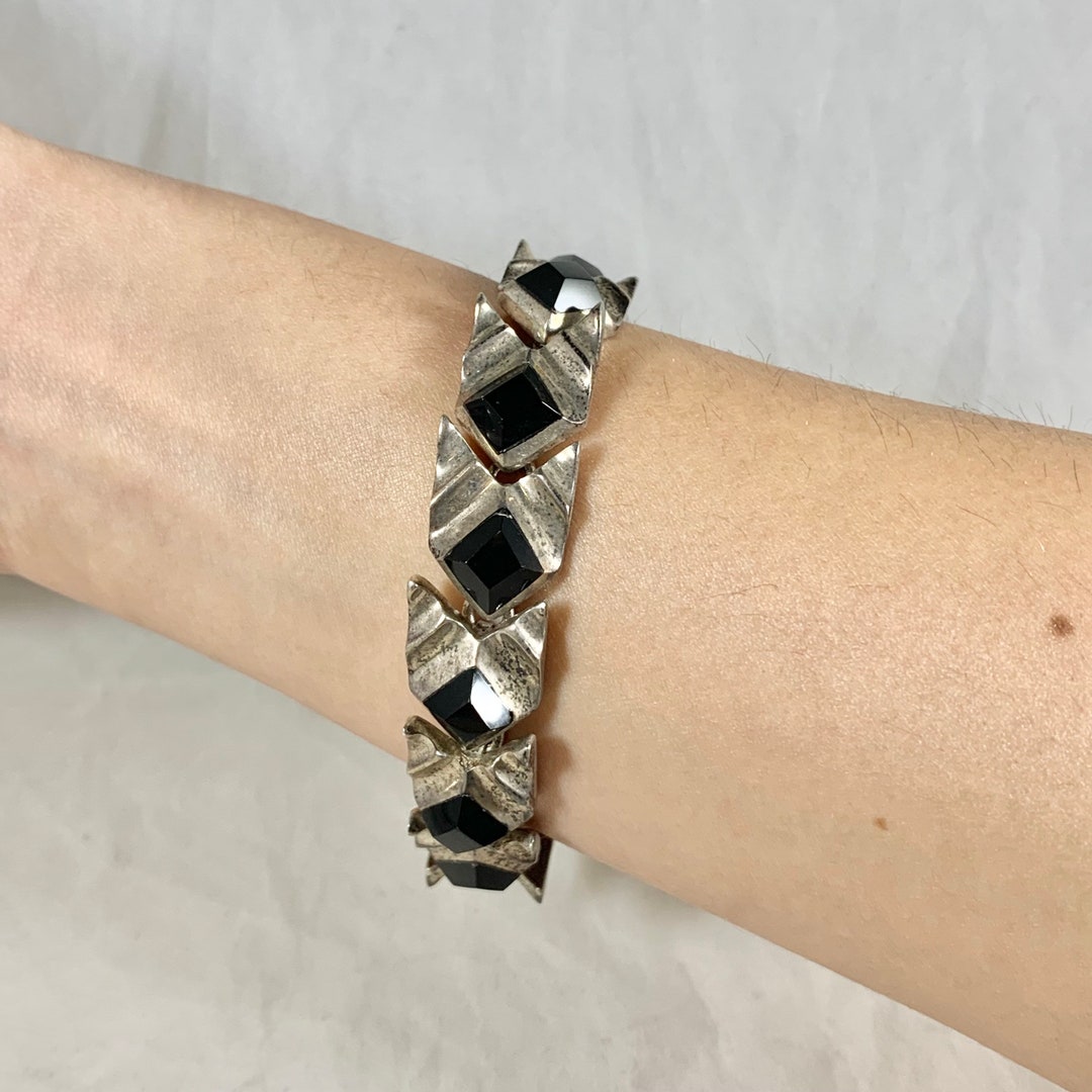Vintage Black Onyx & Sterling Silver Chevron Link Bracelet With