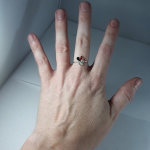 May include: A silver ring with a red and black Minnie Mouse design.