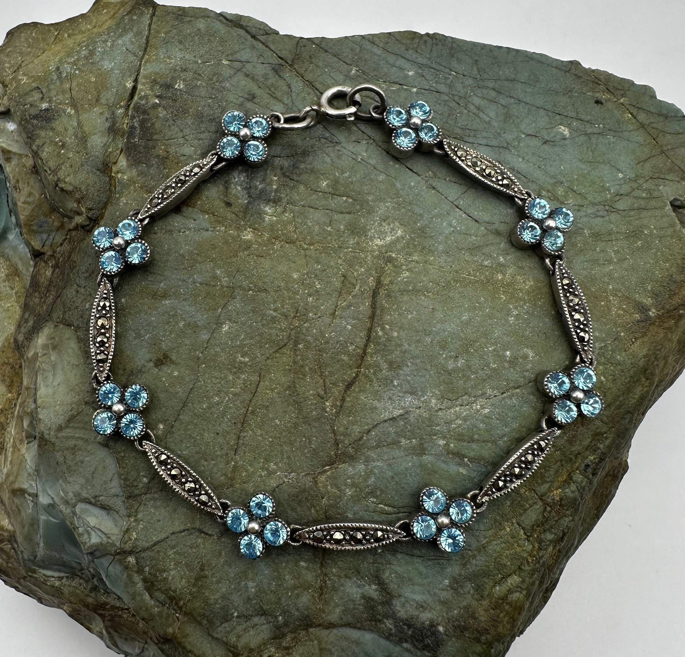 Sterling Silver Blue Cubic Zirconia and Marcasite Flower 8mm