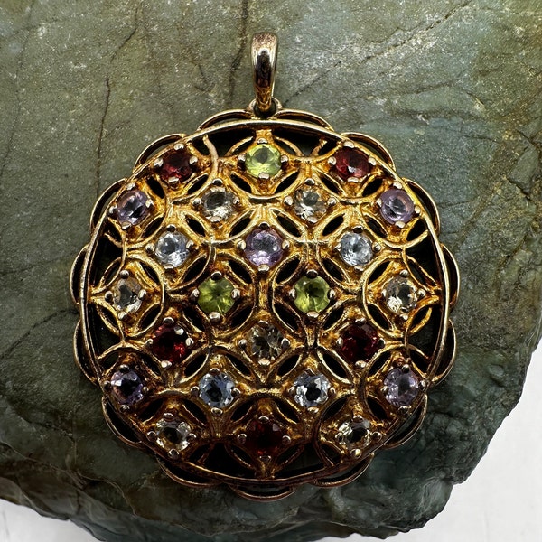 Gold Plate Sterling Silver Lattice Medallion Pendant Amethyst Peridot Aquamarine Garnet 1.25" (1727)