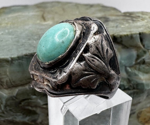 Vintage Sterling Silver and Turquoise Signet Ring Sz 8.25