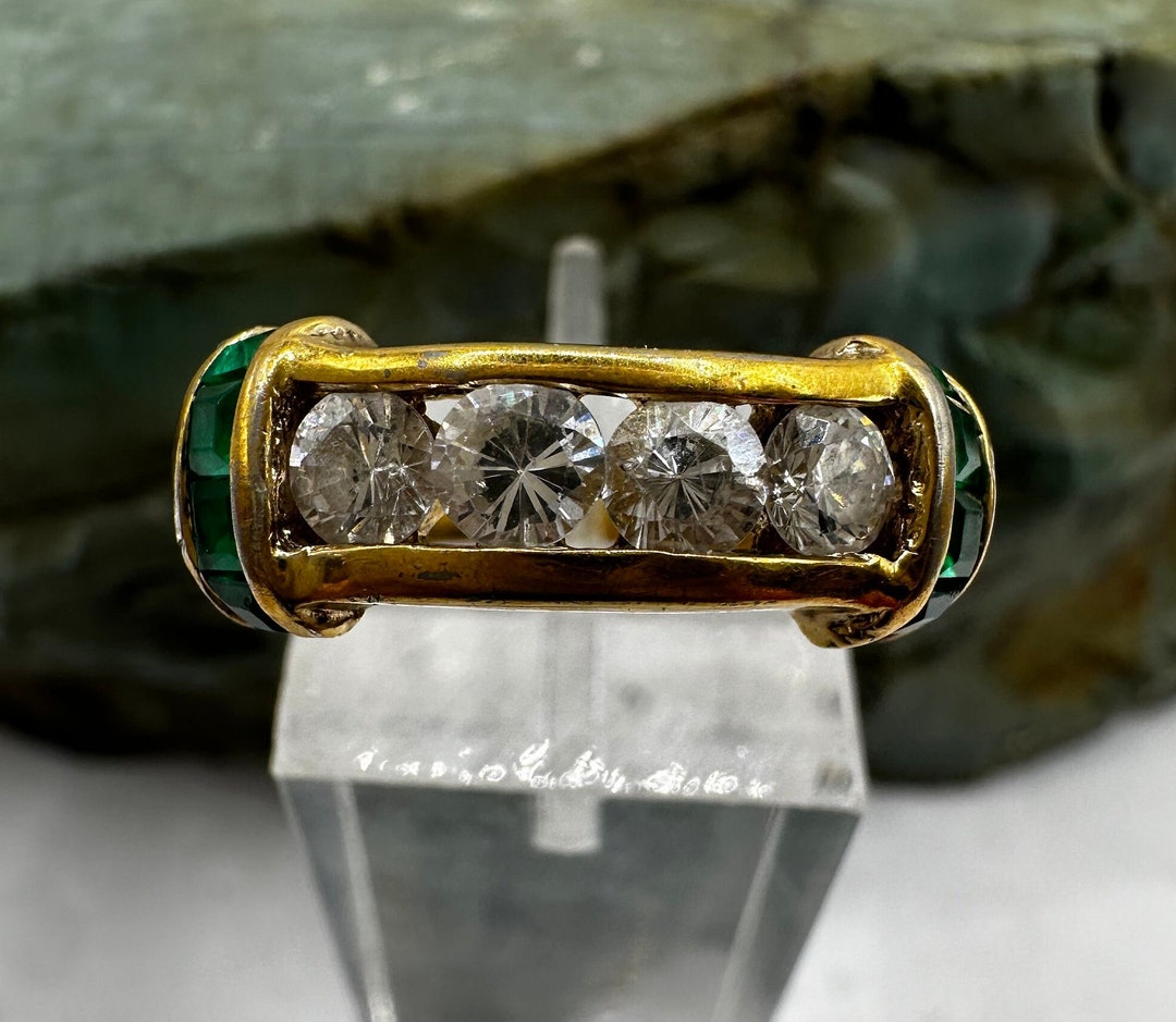 Gold Over Sterling Silver Clear and Green Cubic Zirconia Band Ring Sz 7 ...