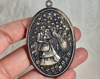 Vintage Large Oval Sterling Silver Pendant with Love Couples Theme and Hearts Gift by International Sterling Co. (1854)