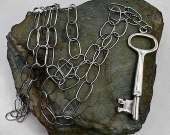 Sterling Silver Skeleton Key Pendant 2.5&quot; on Sterling Silver 8.5mm Oval Link Chain Necklace 30&quot; (4659)