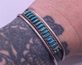 Vintage Sterling Silver Zuni Needlepoint Turquoise Cuff Bracelet Solid Silver Antique Handmade Old Pawn Native American