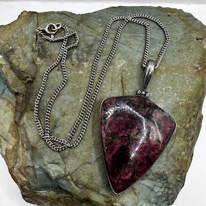 Sterling Silver and Eudialyte Shield Cabochon Pendant 2.25&quot; on Sterling Silver 2mm Curb Chain Necklace 16&quot; (4690)