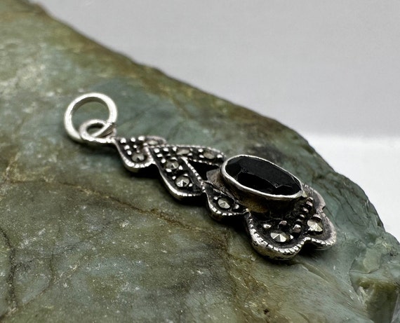 Sterling Silver Marcasite and Black Spinel Pendan… - image 2