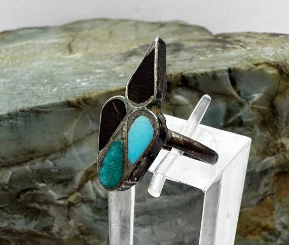 Sterling Silver Turquoise and Onyx Ring sz 4 (396… - image 3