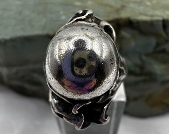 Antique 1910s Sterling Silver Art Nouveau Ball Flower Leaf Motif Ring Size 5 (5230)